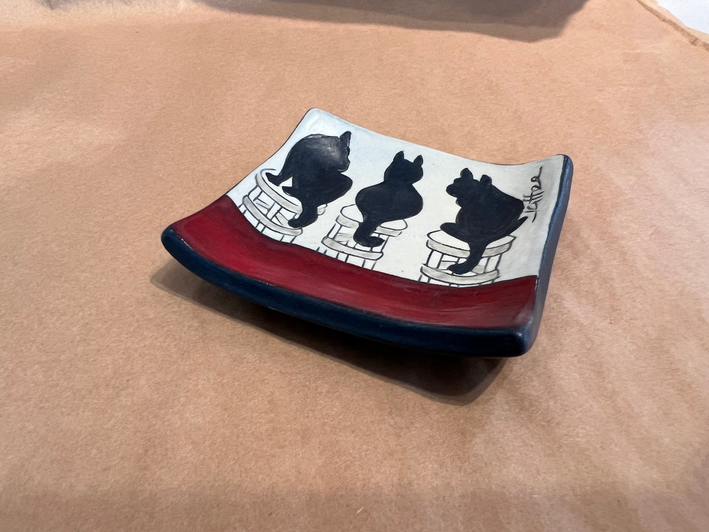 Cat on square tray/boxed 3.25x3.25 Sally Jaffee