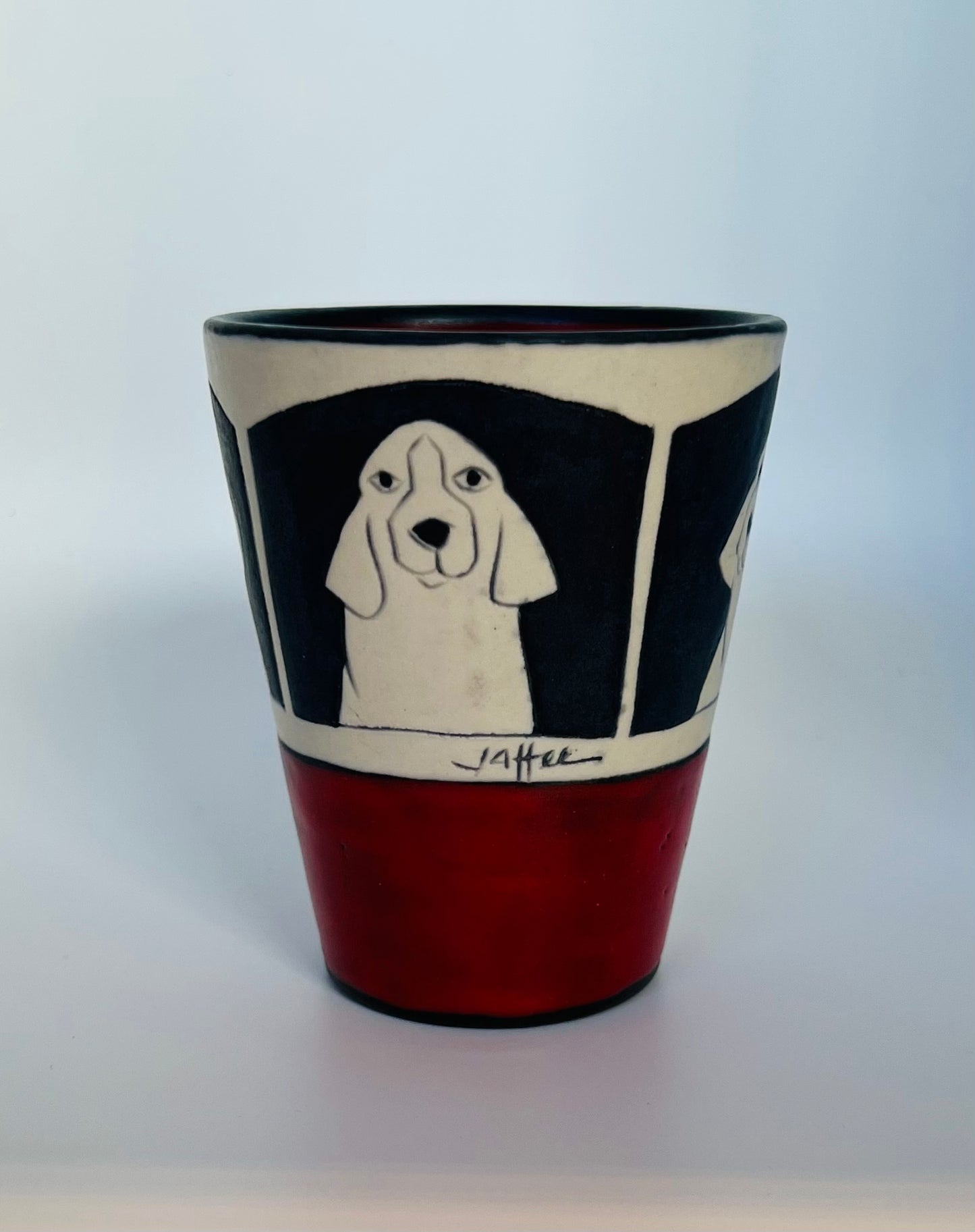 Dogs on Juice cup 3.5"x3" by Sally Jaffee