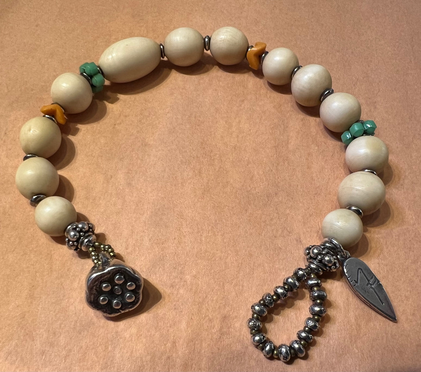 #2555 NT bracelet sterling lotus button, Bone, African Glass