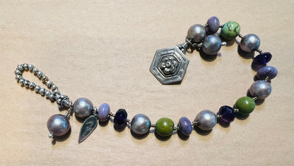 #2558 NT bracelet, pearls, purple jade, turquoise