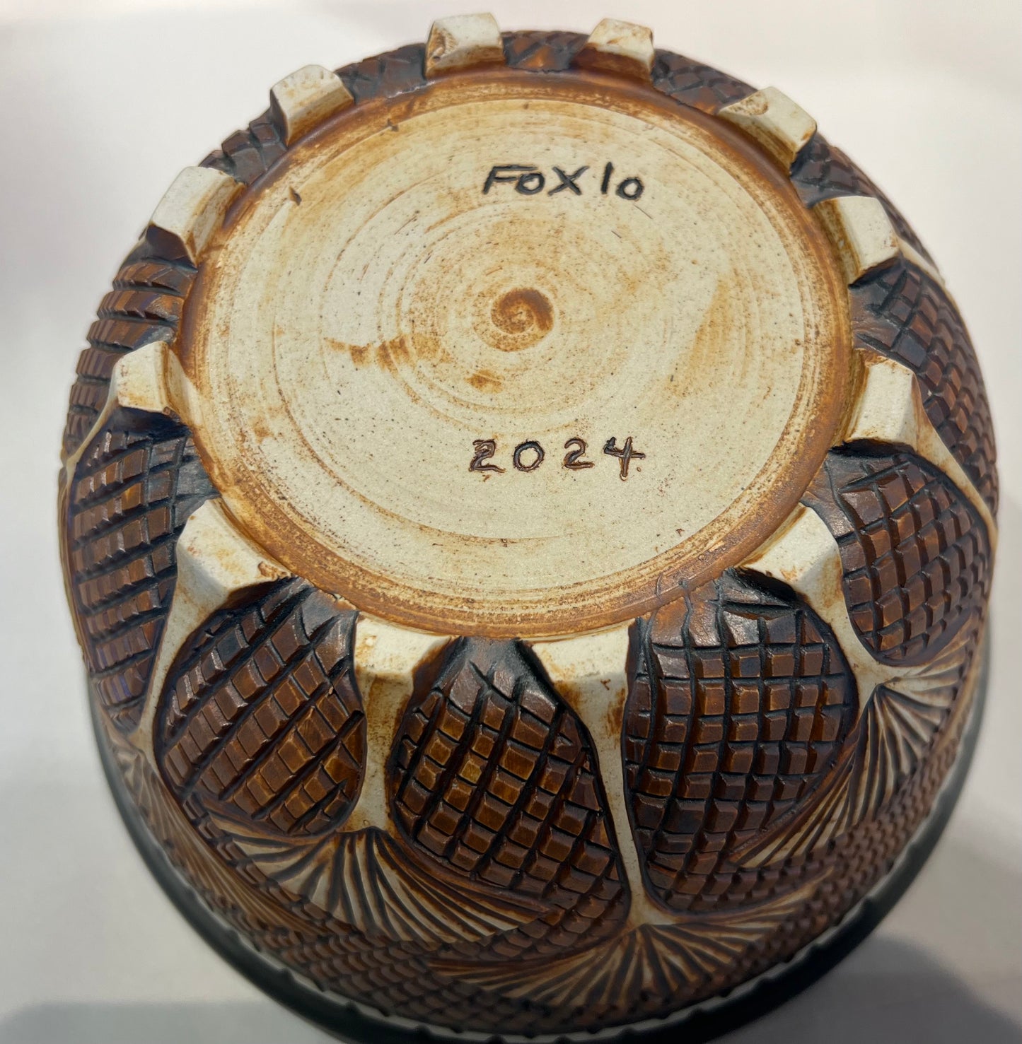 Carved Ginkgo Leaf Bowl by Foxlo Pottery