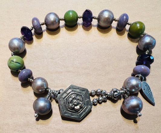 #2558 NT bracelet, pearls, purple jade, turquoise