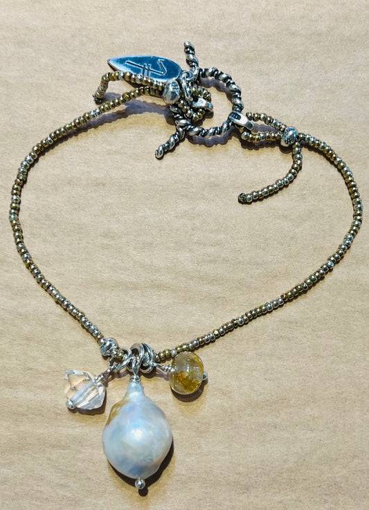 #2551 NT bracelet Freshwater pearl, rutilated quartz, Herkimer Diamond