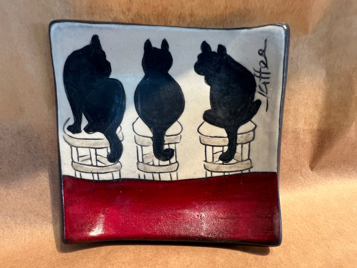 Cat on square tray/boxed 3.25x3.25 Sally Jaffee
