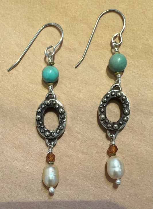 #1134 NT white bronze, turquioise, hessonite garnet, pearl, sterling silver