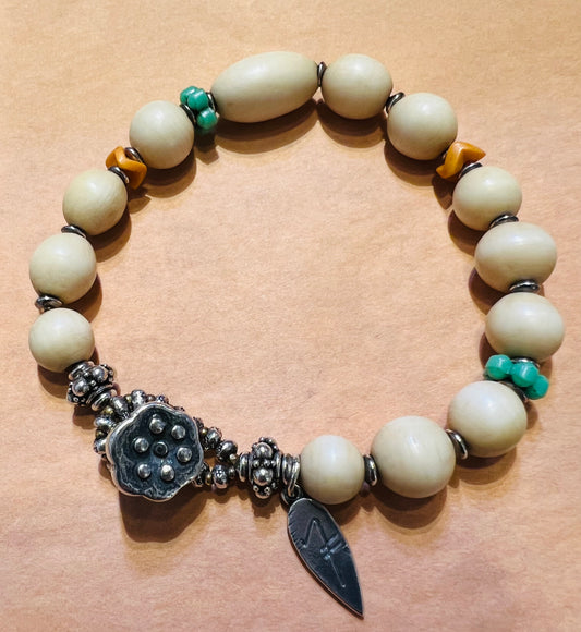 #2555 NT bracelet sterling lotus button, Bone, African Glass