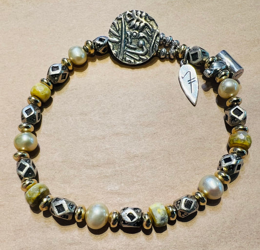 #2560 NT bracelet, jasper, pearls, Silver