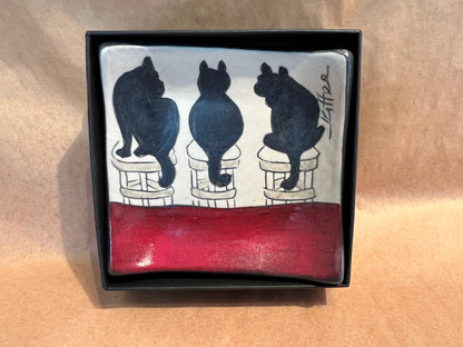 Cat on square tray/boxed 3.25x3.25 Sally Jaffee