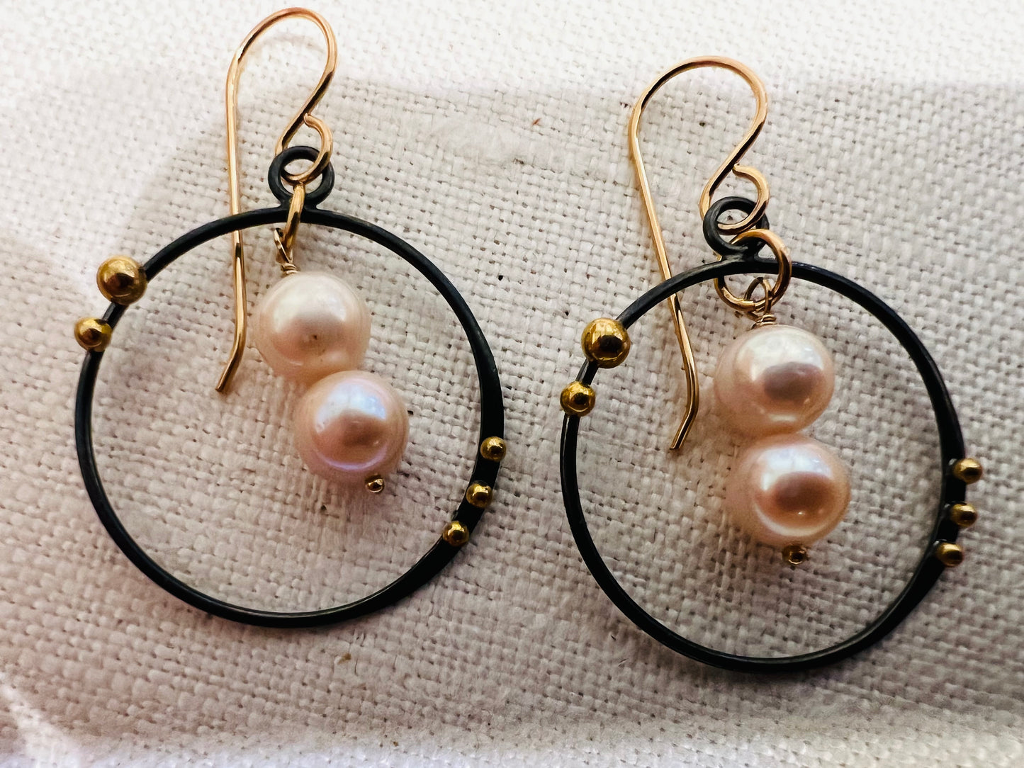 #1124 Nancy Tillisch, blackened sterling hoops, w bronze fw pearls, 14kgf