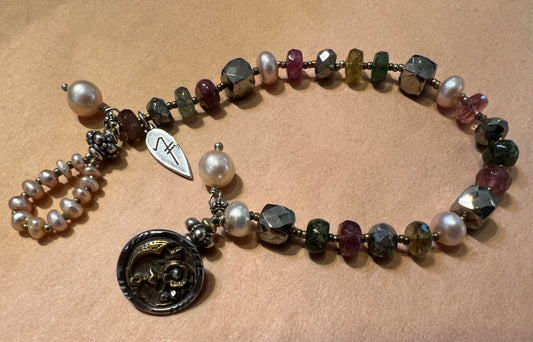 #2459 NT bracelet, pearls, pyrite, tourmaline